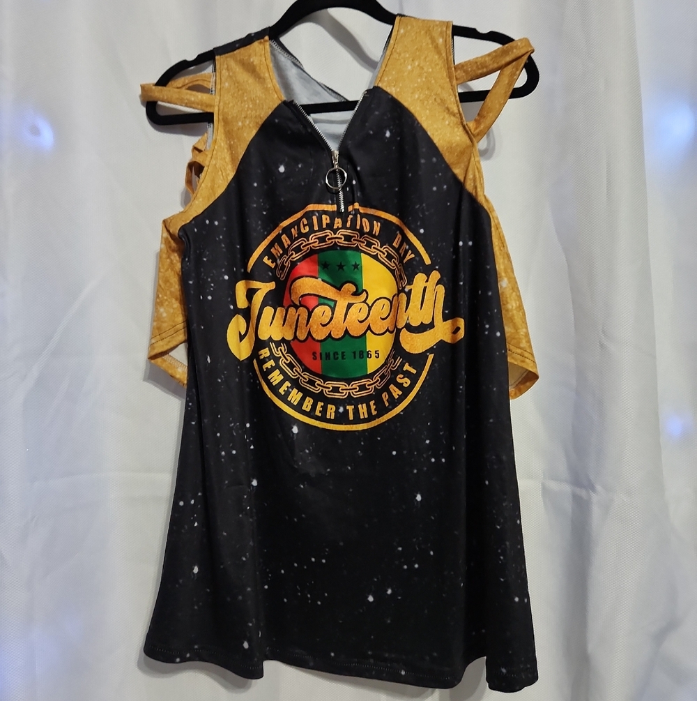 Juneteenth Graphic A-Line Top W/Exposed Shoulders in Black and Mustard